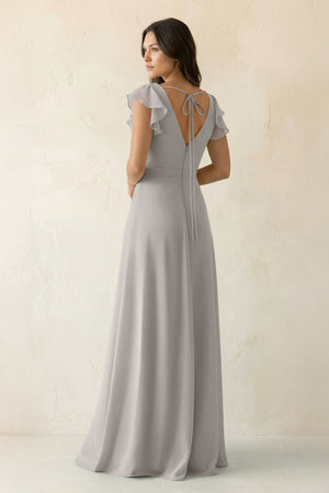 V - Neck Ruffled A - Line Chiffon Bridesmaid Dress in Silver - KissProm Bridesmaid Dresses