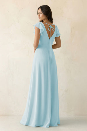 V - Neck Ruffled A - Line Chiffon Bridesmaid Dress in Sky Blue - KissProm Bridesmaid Dresses