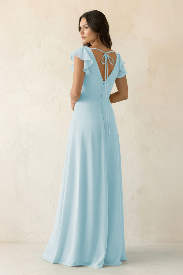 V - Neck Ruffled A - Line Chiffon Bridesmaid Dress in Sky Blue - KissProm Bridesmaid Dresses