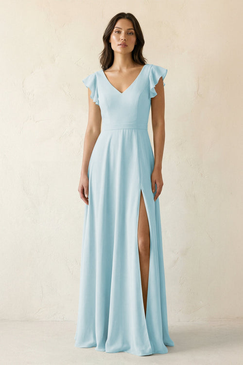 V - Neck Ruffled A - Line Chiffon Bridesmaid Dress in Sky Blue - KissProm Bridesmaid Dresses