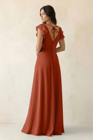 V - Neck Ruffled A - Line Chiffon Bridesmaid Dress in Spice - KissProm Bridesmaid Dresses