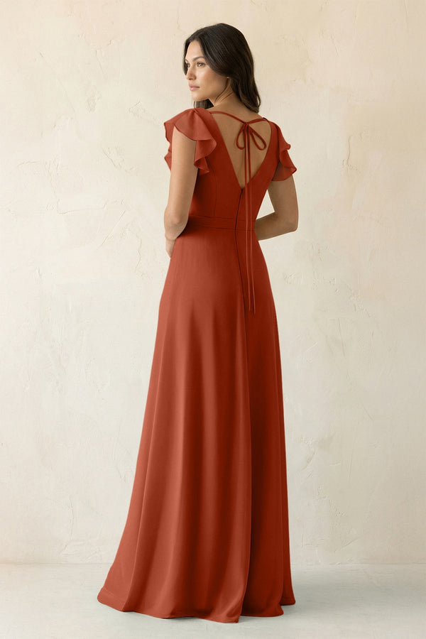 V - Neck Ruffled A - Line Chiffon Bridesmaid Dress in Spice - KissProm Bridesmaid Dresses