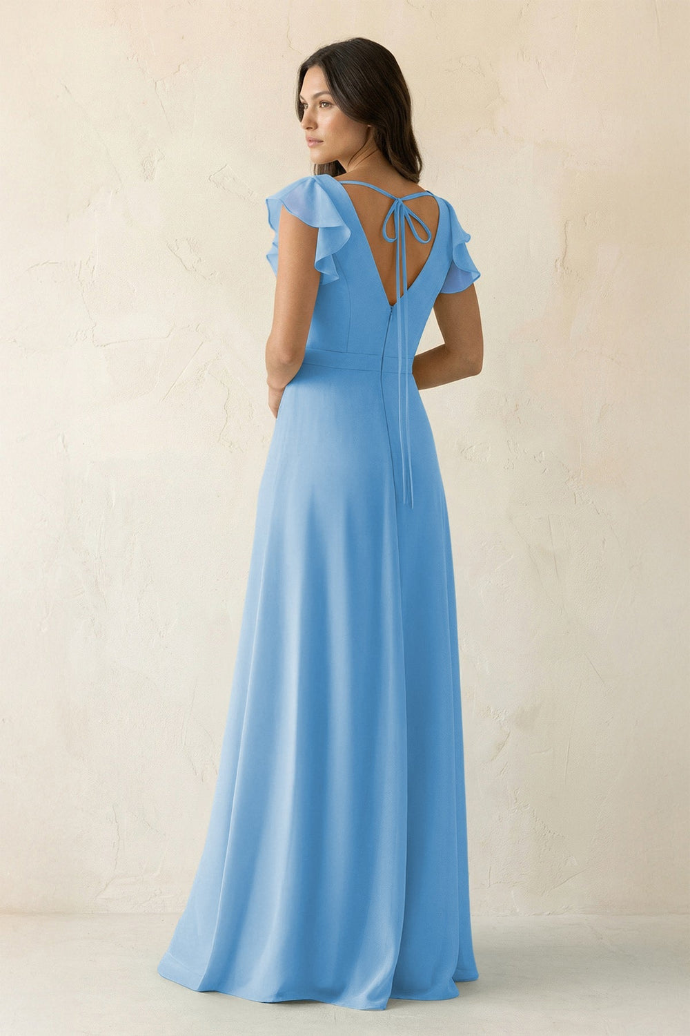 V - Neck Ruffled A - Line Chiffon Bridesmaid Dress in Steel Blue - KissProm Bridesmaid Dresses
