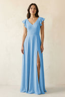 V - Neck Ruffled A - Line Chiffon Bridesmaid Dress in Steel Blue - KissProm Bridesmaid Dresses