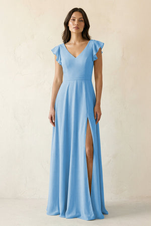 V - Neck Ruffled A - Line Chiffon Bridesmaid Dress in Steel Blue - KissProm Bridesmaid Dresses