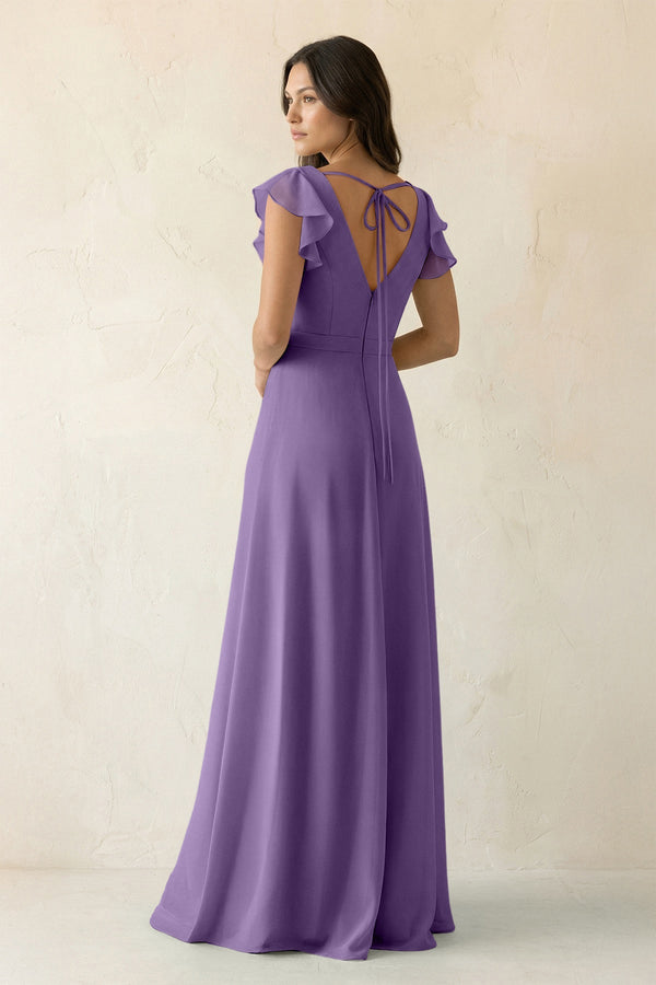 V - Neck Ruffled A - Line Chiffon Bridesmaid Dress in Tahiti - KissProm Bridesmaid Dresses