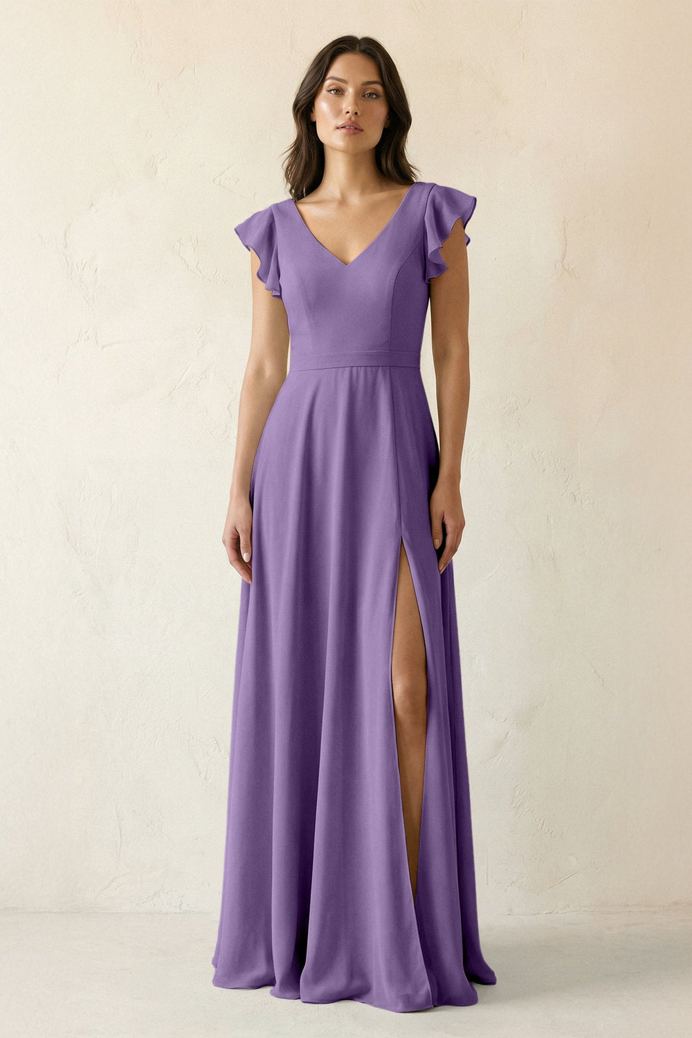 V - Neck Ruffled A - Line Chiffon Bridesmaid Dress in Tahiti - KissProm Bridesmaid Dresses