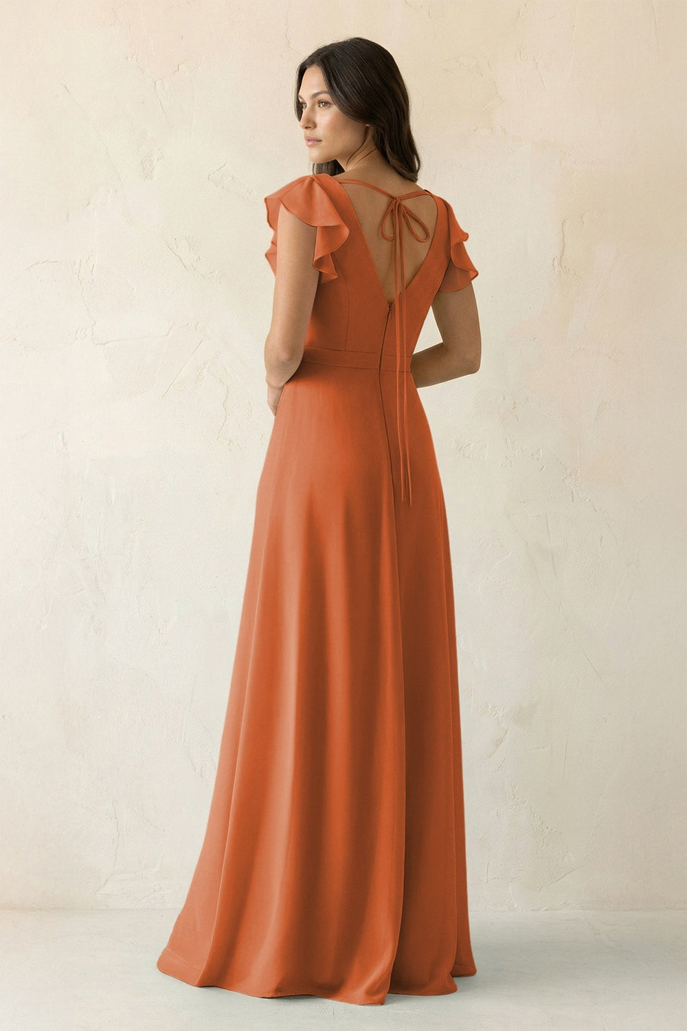 V - Neck Ruffled A - Line Chiffon Bridesmaid Dress in Terracotta - KissProm Bridesmaid Dresses