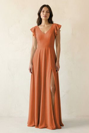 V - Neck Ruffled A - Line Chiffon Bridesmaid Dress in Terracotta - KissProm Bridesmaid Dresses