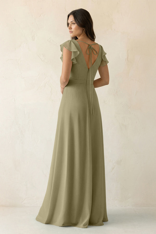 V - Neck Ruffled A - Line Chiffon Bridesmaid Dress in Thyme - KissProm Bridesmaid Dresses