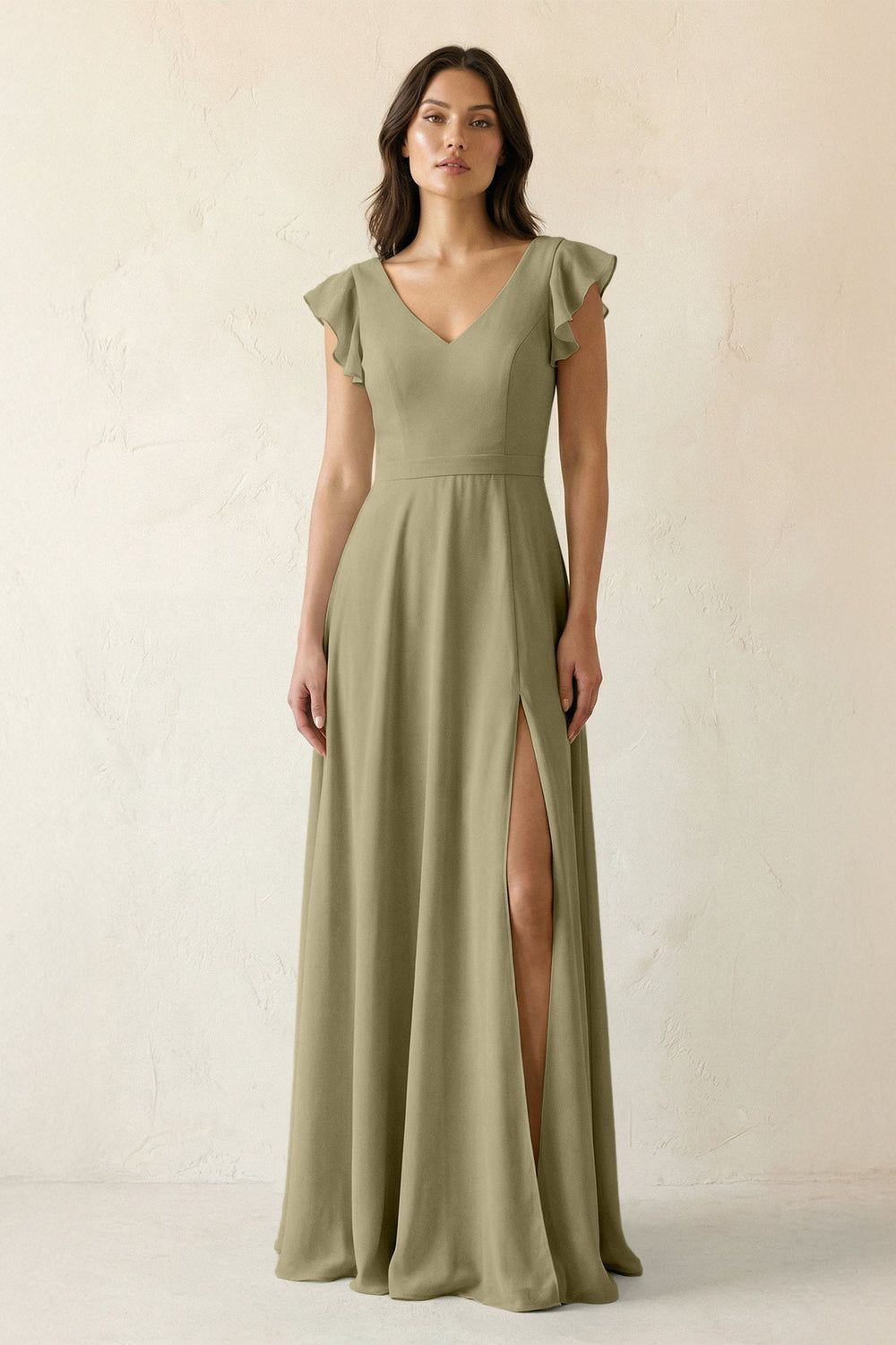 V - Neck Ruffled A - Line Chiffon Bridesmaid Dress in Thyme - KissProm Bridesmaid Dresses
