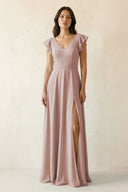 V - Neck Ruffled A - Line Chiffon Bridesmaid Dress in Toffee - KissProm Bridesmaid Dresses