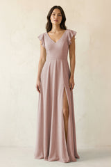 V - Neck Ruffled A - Line Chiffon Bridesmaid Dress in Toffee - KissProm Bridesmaid Dresses