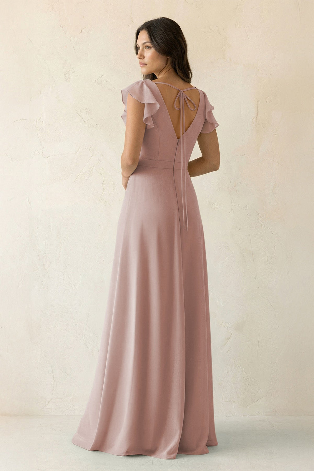 V - Neck Ruffled A - Line Chiffon Bridesmaid Dress in Toffee - KissProm Bridesmaid Dresses