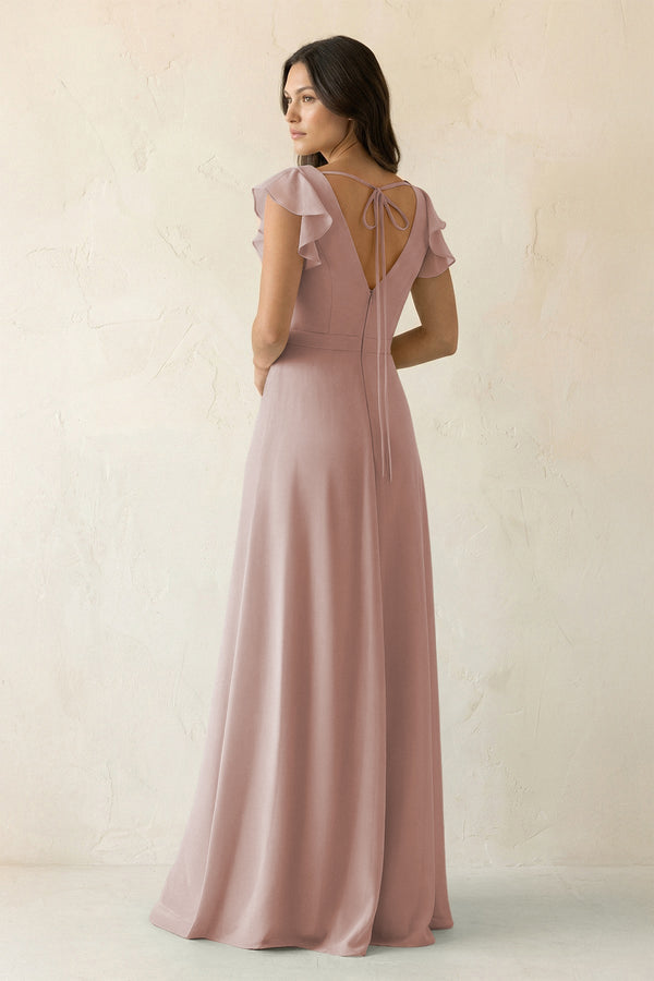 V - Neck Ruffled A - Line Chiffon Bridesmaid Dress in Toffee - KissProm Bridesmaid Dresses