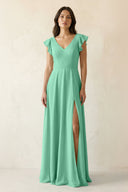 V - Neck Ruffled A - Line Chiffon Bridesmaid Dress in Turquoise - KissProm Bridesmaid Dresses