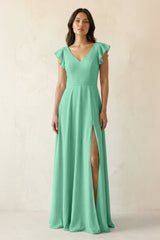 V - Neck Ruffled A - Line Chiffon Bridesmaid Dress in Turquoise - KissProm Bridesmaid Dresses
