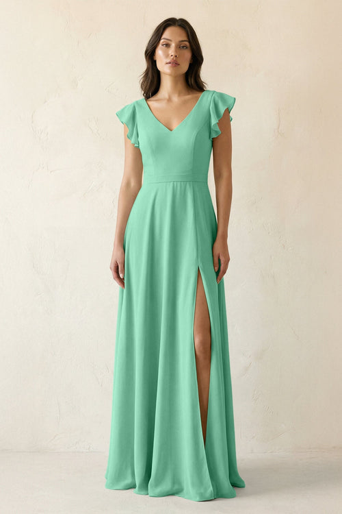 V - Neck Ruffled A - Line Chiffon Bridesmaid Dress in Turquoise - KissProm Bridesmaid Dresses
