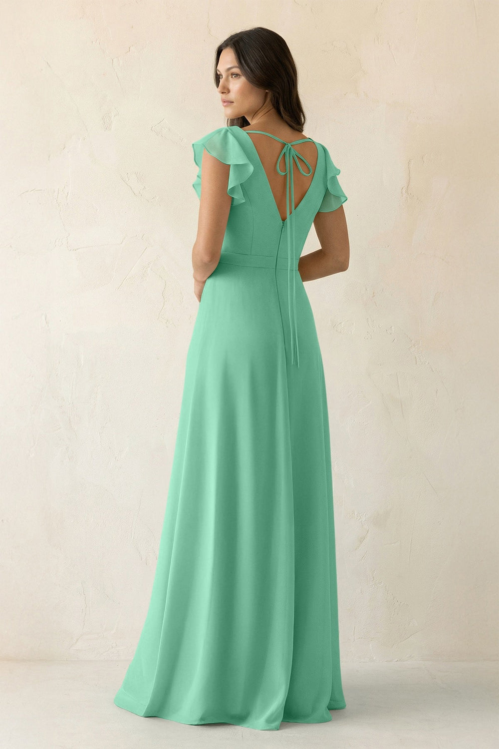 V - Neck Ruffled A - Line Chiffon Bridesmaid Dress in Turquoise - KissProm Bridesmaid Dresses