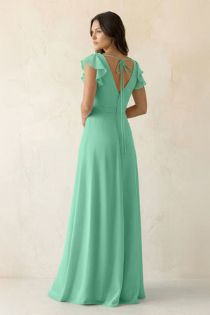 V - Neck Ruffled A - Line Chiffon Bridesmaid Dress in Turquoise - KissProm Bridesmaid Dresses