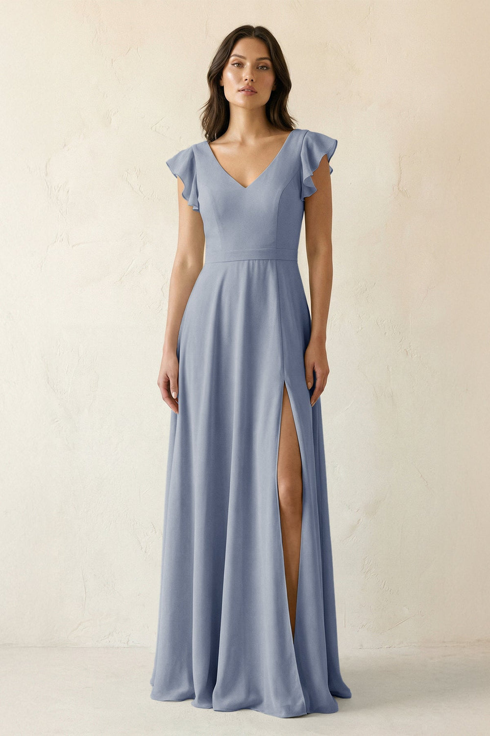 V - Neck Ruffled A - Line Chiffon Bridesmaid Dress in Twilight - KissProm Bridesmaid Dresses