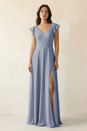 V - Neck Ruffled A - Line Chiffon Bridesmaid Dress in Twilight - KissProm Bridesmaid Dresses
