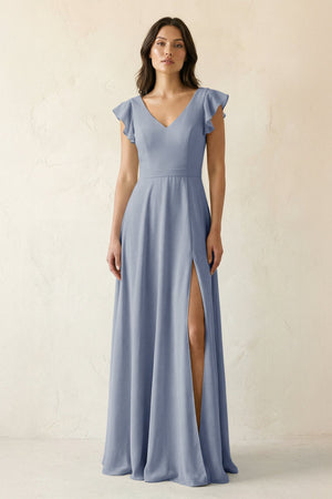 V - Neck Ruffled A - Line Chiffon Bridesmaid Dress in Twilight - KissProm Bridesmaid Dresses