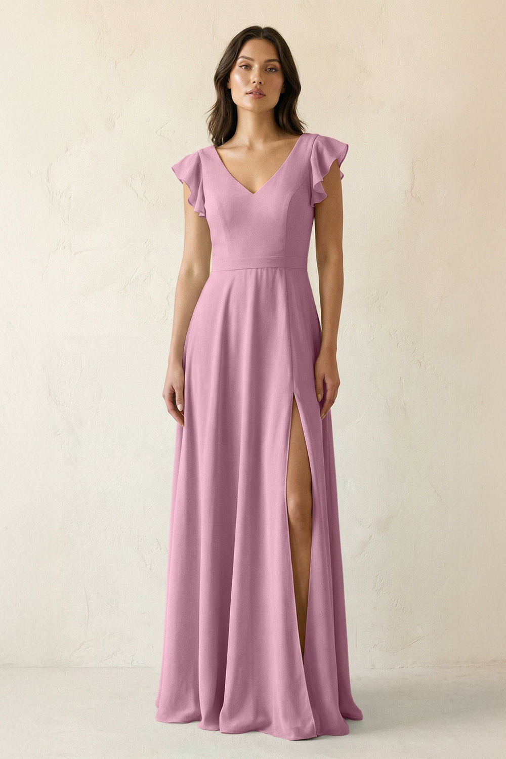 V - Neck Ruffled A - Line Chiffon Bridesmaid Dress in Vintage Mauve - KissProm Bridesmaid Dresses