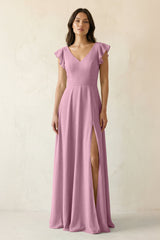 V - Neck Ruffled A - Line Chiffon Bridesmaid Dress in Vintage Mauve - KissProm Bridesmaid Dresses