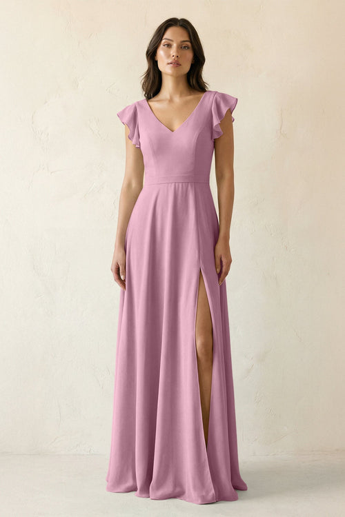 V - Neck Ruffled A - Line Chiffon Bridesmaid Dress in Vintage Mauve - KissProm Bridesmaid Dresses