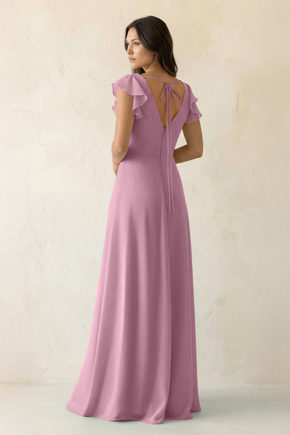 V - Neck Ruffled A - Line Chiffon Bridesmaid Dress in Vintage Mauve - KissProm Bridesmaid Dresses