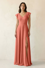 V - Neck Ruffled A - Line Chiffon Bridesmaid Dress in Wild Rose - KissProm Bridesmaid Dresses