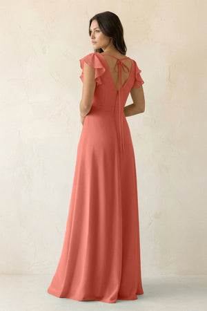V - Neck Ruffled A - Line Chiffon Bridesmaid Dress in Wild Rose - KissProm Bridesmaid Dresses