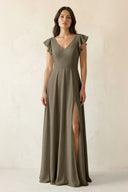 V - Neck Ruffled A - Line Chiffon Bridesmaid Dress in Willow Green - KissProm Bridesmaid Dresses