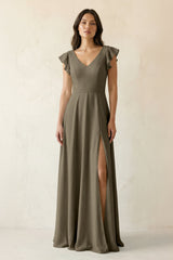 V - Neck Ruffled A - Line Chiffon Bridesmaid Dress in Willow Green - KissProm Bridesmaid Dresses