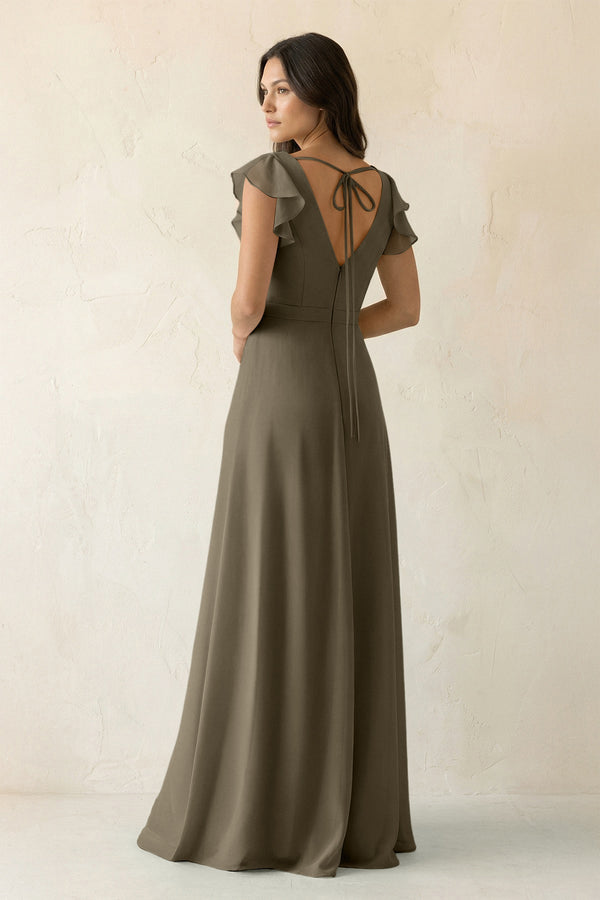 V - Neck Ruffled A - Line Chiffon Bridesmaid Dress in Willow Green - KissProm Bridesmaid Dresses
