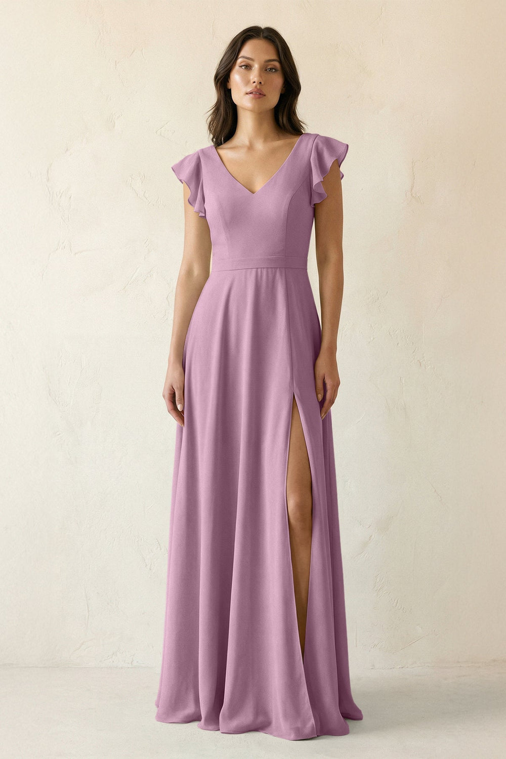 V - Neck Ruffled A - Line Chiffon Bridesmaid Dress in Wisteria - KissProm Bridesmaid Dresses