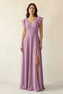V - Neck Ruffled A - Line Chiffon Bridesmaid Dress in Wisteria - KissProm Bridesmaid Dresses
