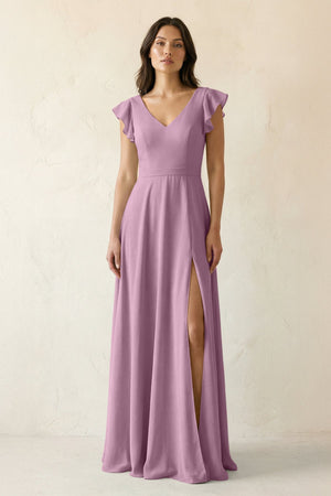 V - Neck Ruffled A - Line Chiffon Bridesmaid Dress in Wisteria - KissProm Bridesmaid Dresses