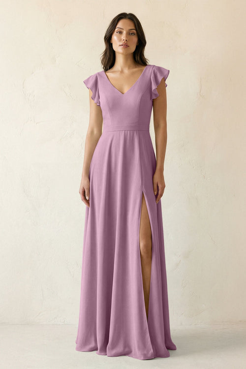 V - Neck Ruffled A - Line Chiffon Bridesmaid Dress in Wisteria - KissProm Bridesmaid Dresses