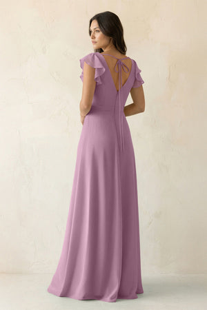 V - Neck Ruffled A - Line Chiffon Bridesmaid Dress in Wisteria - KissProm Bridesmaid Dresses