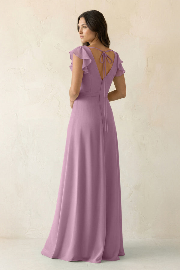 V - Neck Ruffled A - Line Chiffon Bridesmaid Dress in Wisteria - KissProm Bridesmaid Dresses
