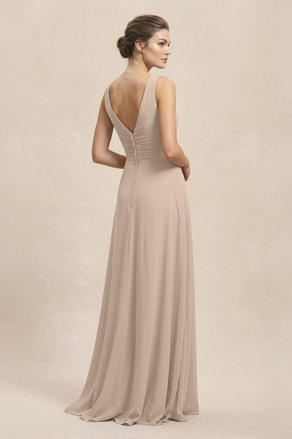 V - Neck Ruffled Ruched Chiffon A - Line Bridesmaid Dress in Almond - KissProm Bridesmaid Dresses