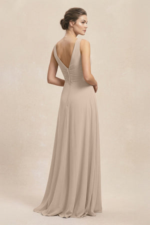 V - Neck Ruffled Ruched Chiffon A - Line Bridesmaid Dress in Almond - KissProm Bridesmaid Dresses