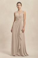 V - Neck Ruffled Ruched Chiffon A - Line Bridesmaid Dress in Almond - KissProm Bridesmaid Dresses