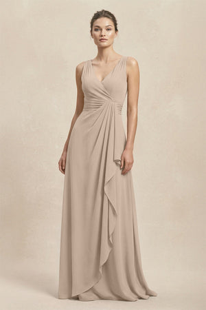 V - Neck Ruffled Ruched Chiffon A - Line Bridesmaid Dress in Almond - KissProm Bridesmaid Dresses