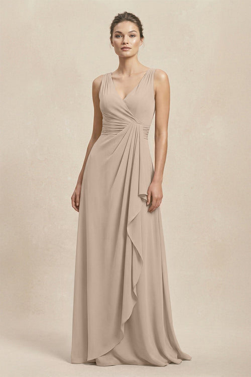 V - Neck Ruffled Ruched Chiffon A - Line Bridesmaid Dress in Almond - KissProm Bridesmaid Dresses
