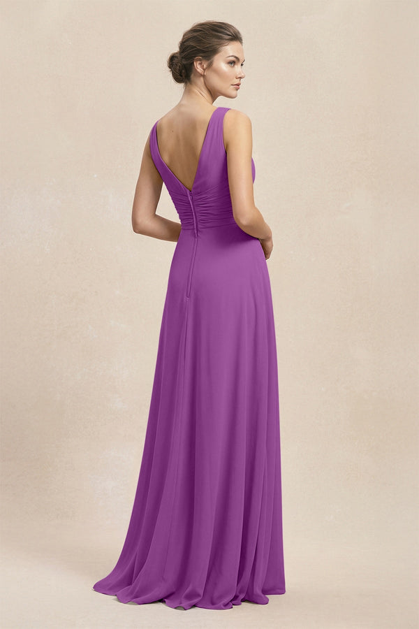 V - Neck Ruffled Ruched Chiffon A - Line Bridesmaid Dress in Amethyst - KissProm Bridesmaid Dresses