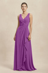 V - Neck Ruffled Ruched Chiffon A - Line Bridesmaid Dress in Amethyst - KissProm Bridesmaid Dresses