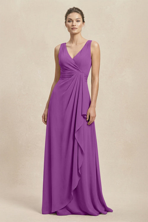 V - Neck Ruffled Ruched Chiffon A - Line Bridesmaid Dress in Amethyst - KissProm Bridesmaid Dresses